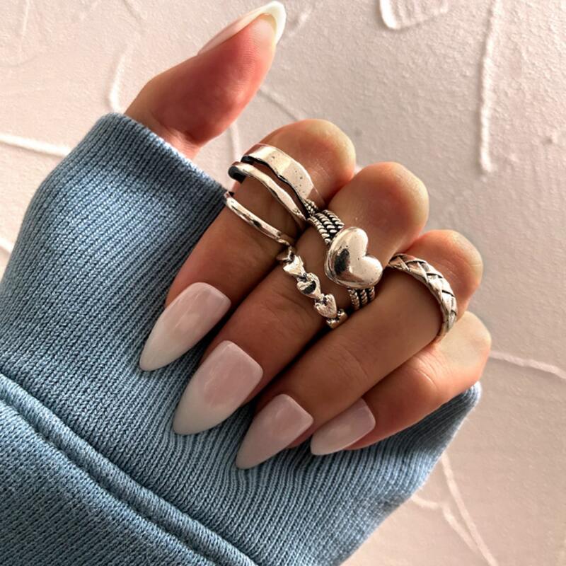 

5pcs Heart Decor Ring, Antique silver