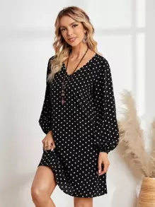 EMERY ROSE Women's Polka Dot Print V-Neck Long Sleeve Dress - Black and White - View 1