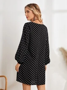 EMERY ROSE Women's Polka Dot Print V-Neck Long Sleeve Dress - Black and White - View 2