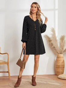 EMERY ROSE Women's Polka Dot Print V-Neck Long Sleeve Dress - Black and White - View 4
