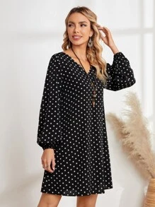 EMERY ROSE Women's Polka Dot Print V-Neck Long Sleeve Dress - Black and White - View 5