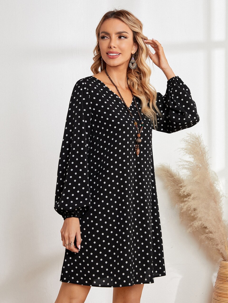 Women's Polka Dot Print V-Neck Long Sleeve Dress