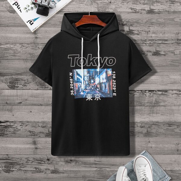 

Men Street View And Letter Graphic Drawstring Hooded Tee, Black