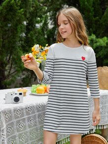 SHEIN Girls 1pc Striped Print Heart Embroidery Dress - White - View 6
