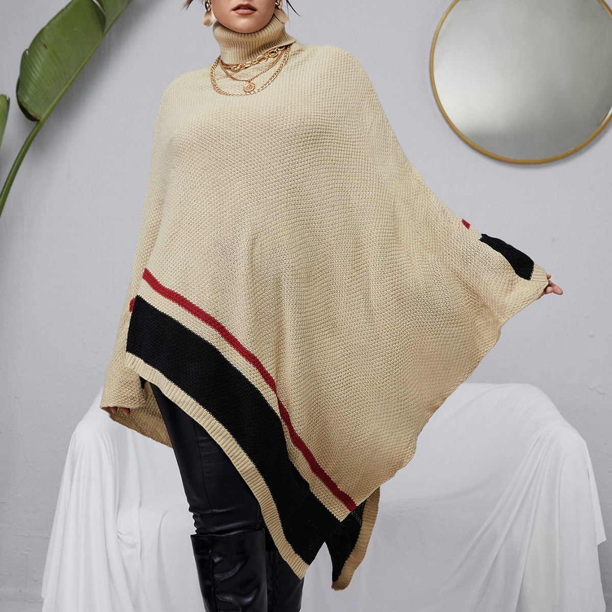 размера плюс Пончо контрастный вязаный