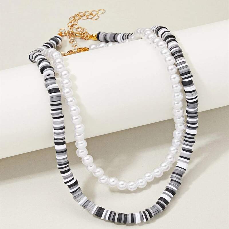 

2pcs Faux Pearl Beaded Necklace, Black and white