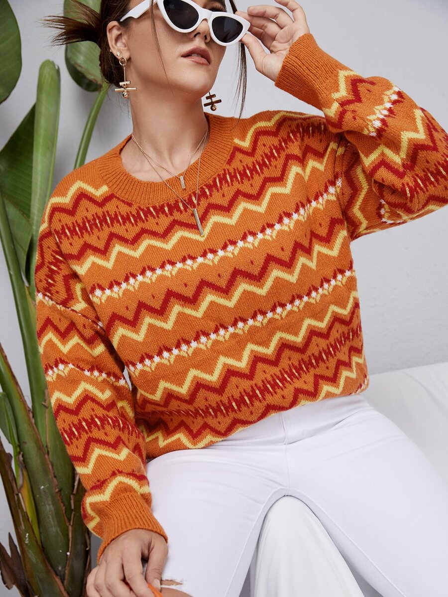 Plus Chevron Pattern Drop Shoulder Sweater - Multicolor - View 1