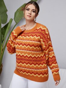 Plus Chevron Pattern Drop Shoulder Sweater - Multicolor - View 3