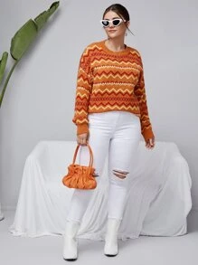 Plus Chevron Pattern Drop Shoulder Sweater - Multicolor - View 4