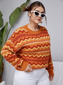 Plus Chevron Pattern Drop Shoulder Sweater - Multicolor - View 5
