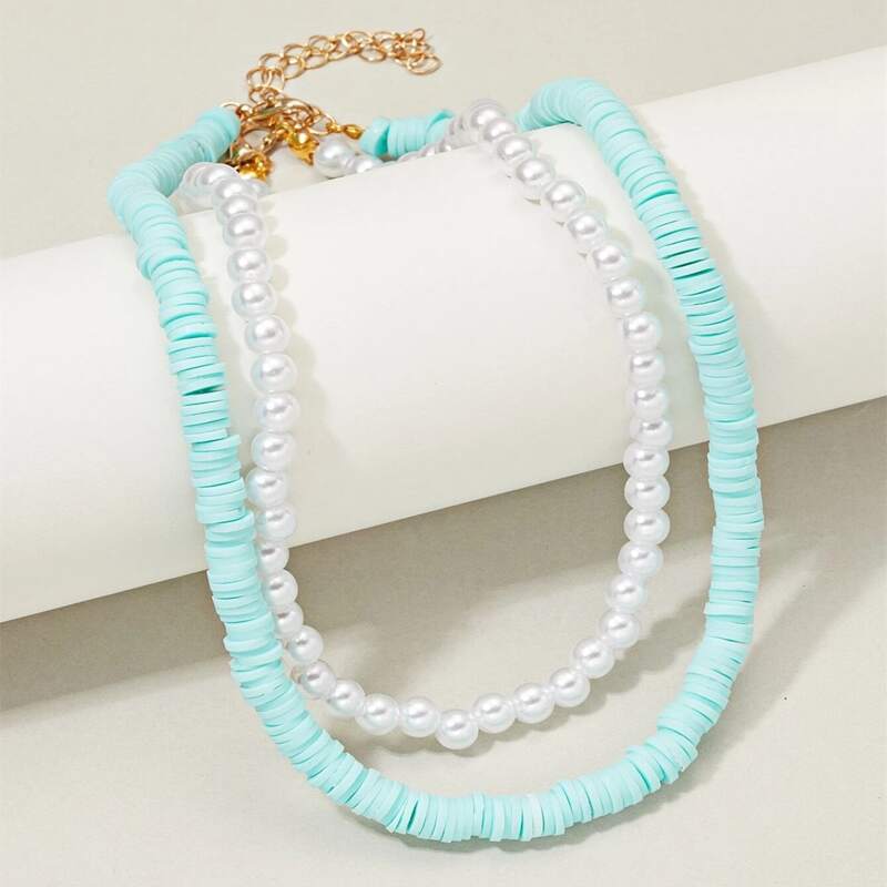 

2pcs Faux Pearl Beaded Necklace, Mint blue