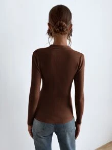 SHEIN Essnce Jersey con botón tejido de canalé - Café integral - Ver 2