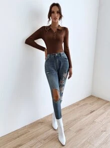 SHEIN Essnce Jersey con botón tejido de canalé - Café integral - Ver 3