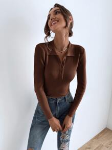 SHEIN Essnce Jersey con botón tejido de canalé - Café integral - Ver 4