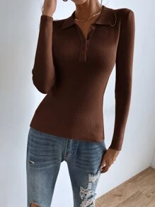 SHEIN Essnce Jersey con botón tejido de canalé - Café integral - Ver 5