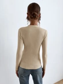 SHEIN Essnce Jersey con botón tejido de canalé - Albaricoque - Ver 2