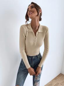 SHEIN Essnce Jersey con botón tejido de canalé - Albaricoque - Ver 4