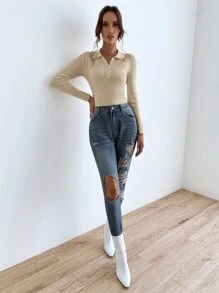 SHEIN Essnce Jersey con botón tejido de canalé - Albaricoque - Ver 6