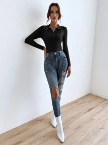 SHEIN Essnce Áo len nữ màu trơn Giải trí - màu đen - Xem 5