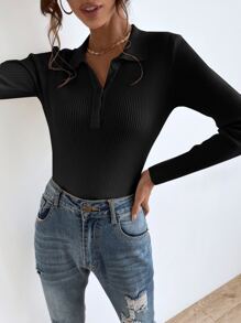 SHEIN Essnce Áo len nữ màu trơn Giải trí - màu đen - Xem 6