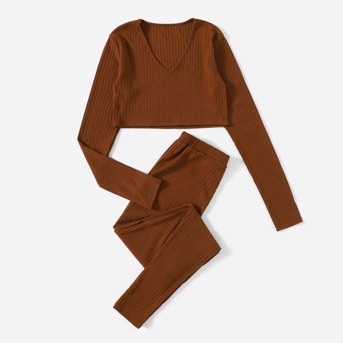 

Solid Ribbed Crop Tee & Pants, Coffee brown