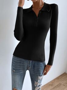 SHEIN Essnce Áo len nữ màu trơn Giải trí - màu đen - Xem 7