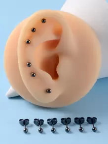 時尚流行6對男士球形裝飾耳釘不銹鋼適合度假和時尚外觀 - 槍黑色 - 查看 1