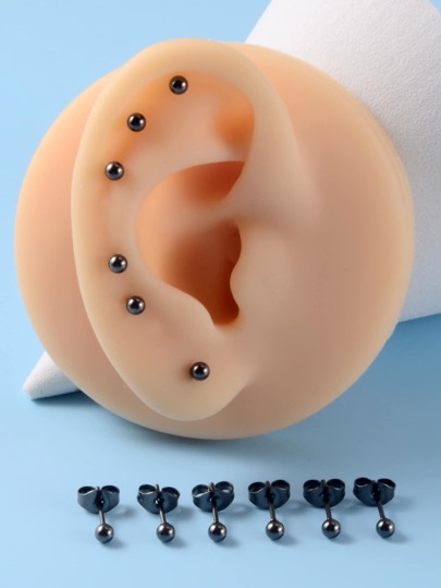 Fashionable and Popular 6pairs Men Ball Decor Stud Earrings Stainless Steel for Vacation and for a Stylish Look