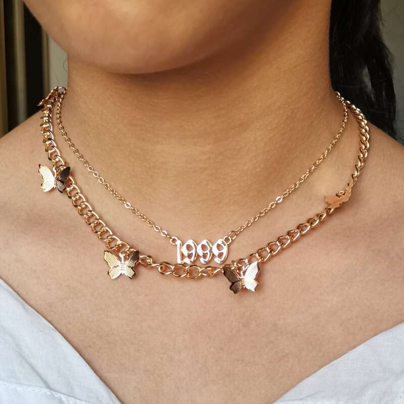 

2pcs Butterfly Decor Chain Necklace, Gold