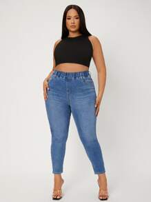 SHEIN SXY Quần Denim kích thước lớn Túi màu trơn Giải trí - Rửa trung bình - Xem 3