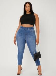 SHEIN SXY Quần Denim kích thước lớn Túi màu trơn Giải trí - Rửa trung bình - Xem 4