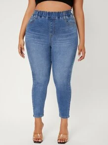 SHEIN SXY Quần Denim kích thước lớn Túi màu trơn Giải trí - Rửa trung bình - Xem 5