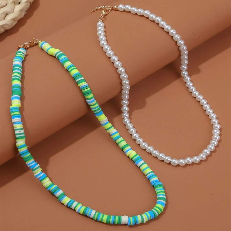 

2pcs Faux Pearl Beaded Necklace, Multicolor
