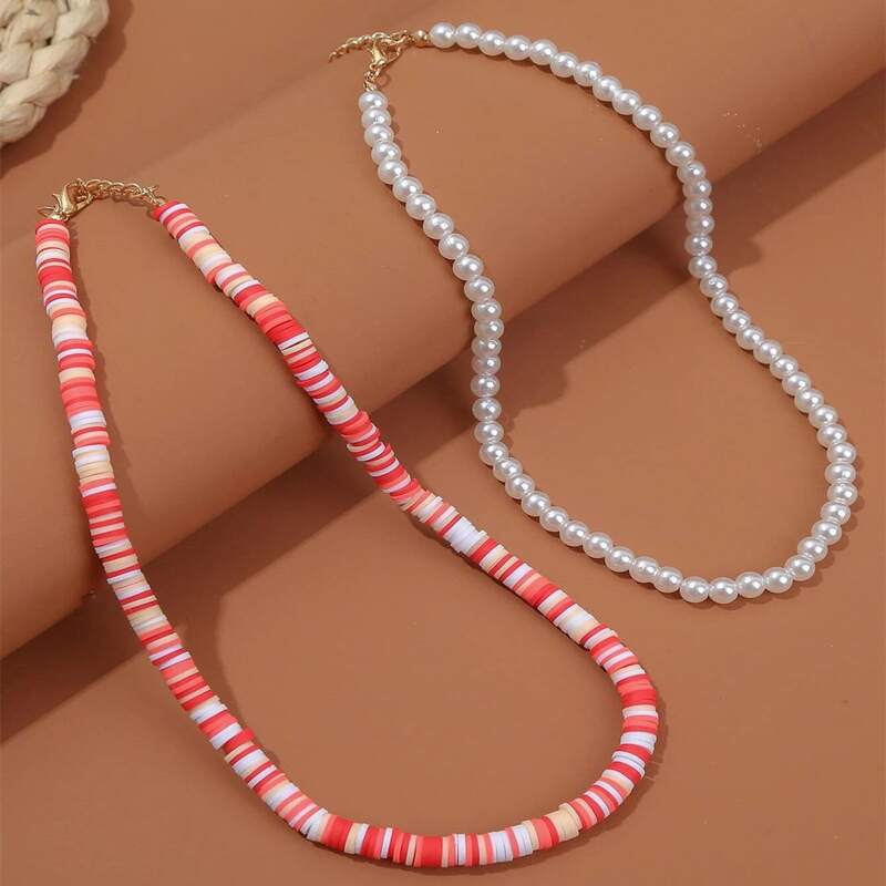 

2pcs Faux Pearl Beaded Necklace, Multicolor