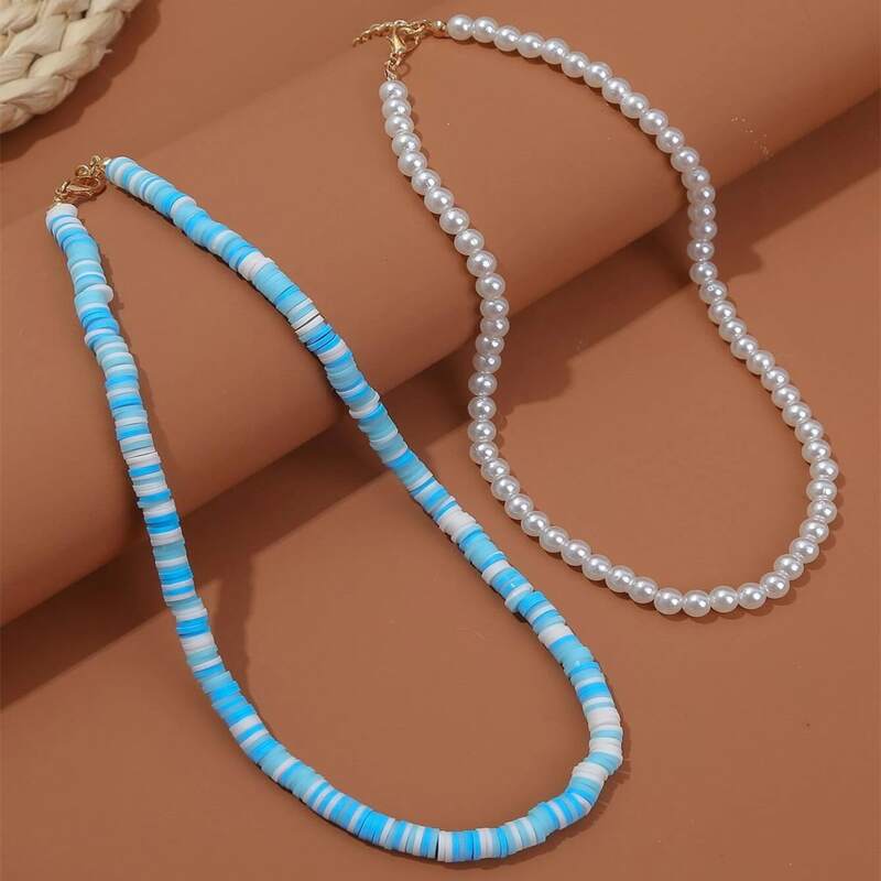 

2pcs Faux Pearl Beaded Necklace, Multicolor