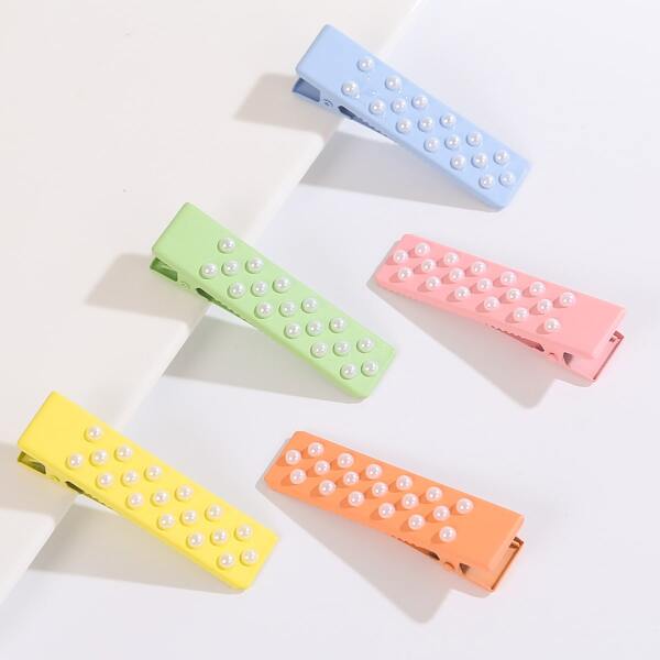 

5pcs Girls Faux Pearl Decor Hair Clip, Multicolor