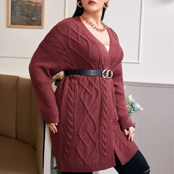 

Plus Cable Knit Drop Shoulder Cardigan Without Belt, Burgundy