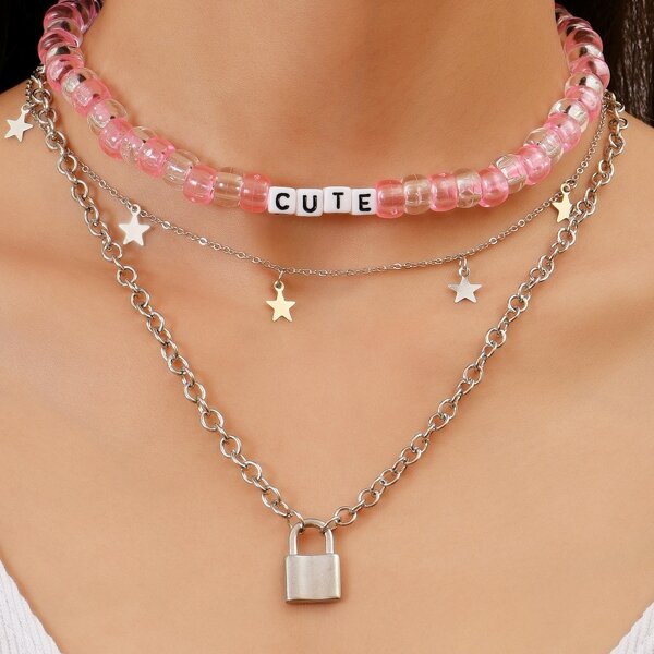 

2pcs Star & Lock Charm Necklace, Multicolor