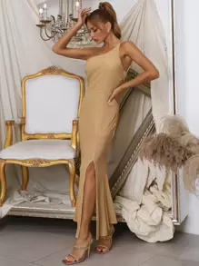 Solid One Shoulder Zip Side Split Hem Dress - Gold - View 1