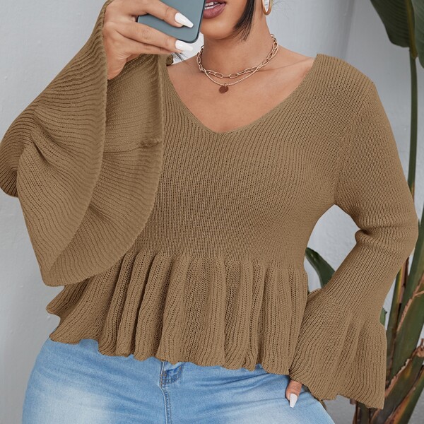 

Plus Flounce Sleeve Peplum Sweater, Camel