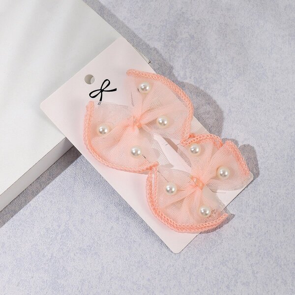 

2pcs Toddler Girls Bow & Faux Pearl Decor Hair Clip, Coral orange