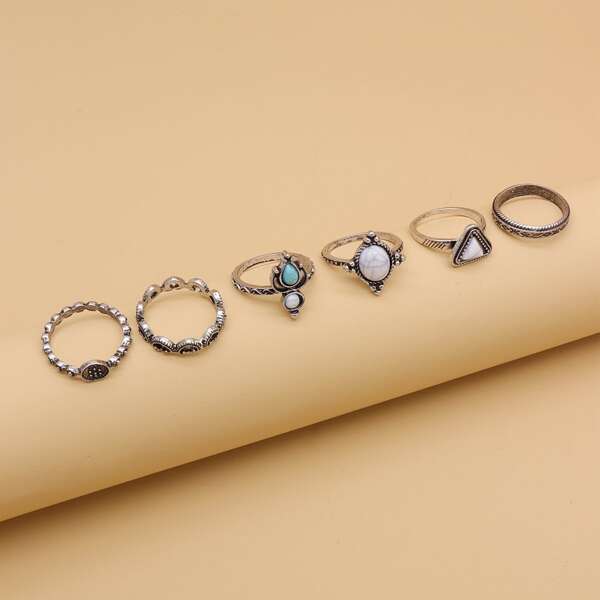 

6pcs Turquoise Decor Ring, Antique silver