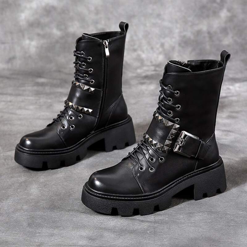 

Studded Decor Side Zip Lace Up Front Boots, Black