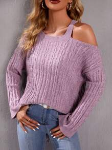 Mulvari Cold Shoulder Cable Knit Sweater - Mauve Purple - View 2