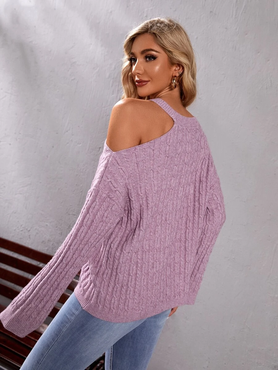 Mulvari Cold Shoulder Cable Knit Sweater - Mauve Purple - View 1