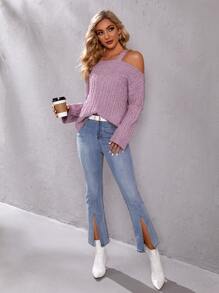 Mulvari Cold Shoulder Cable Knit Sweater - Mauve Purple - View 3