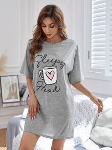 Cup & Letter Graphic Drop Shoulder Pajama Night Dress