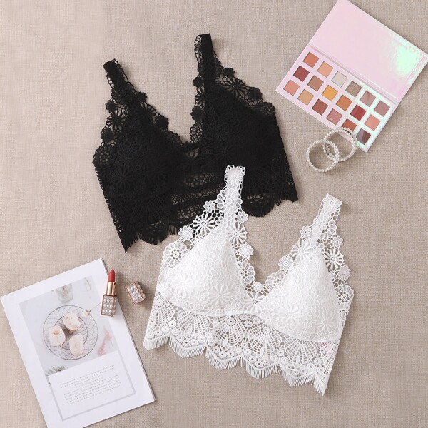 

2pack Guipure Lace Scallop Trim Bralette Set, Black and white