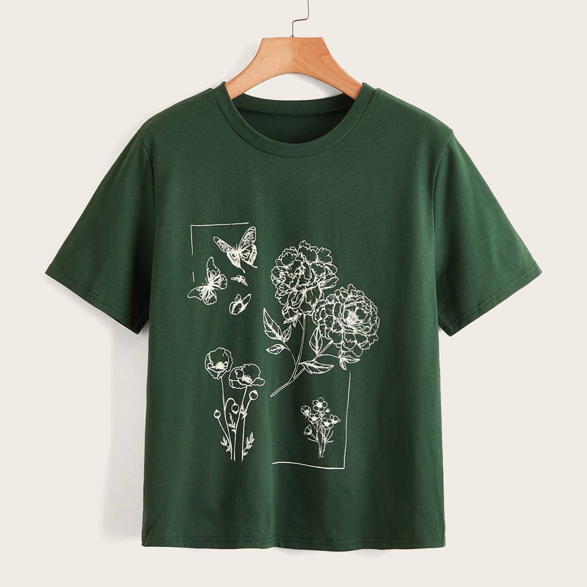 

Floral & Butterfly Graphic Tee, Green