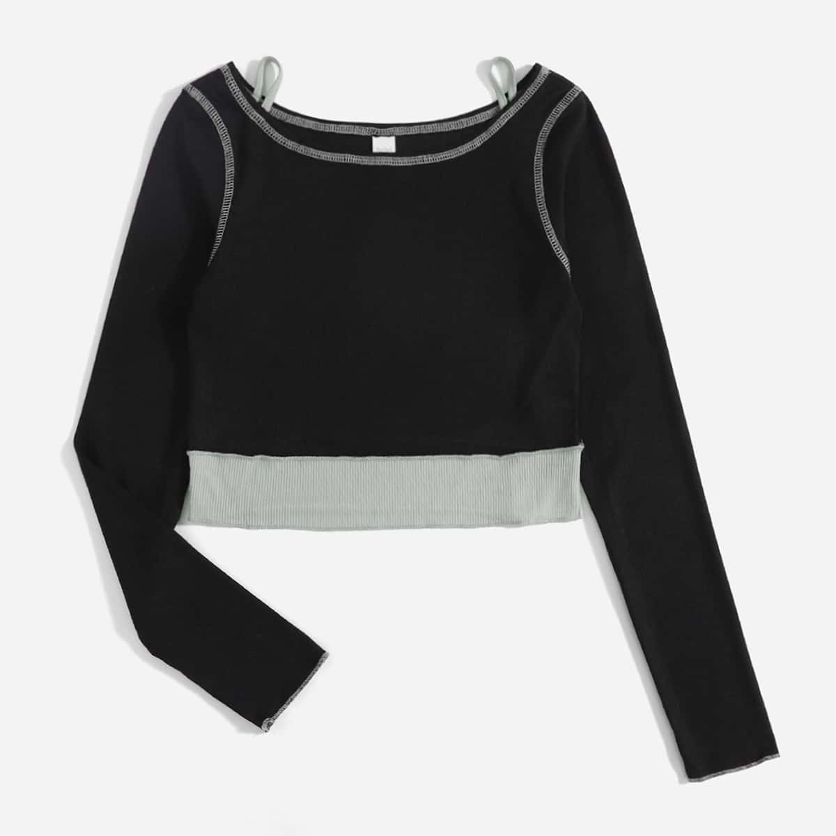 

Stitching Trim Colorblock Ribbed Crop Tee, Multicolor